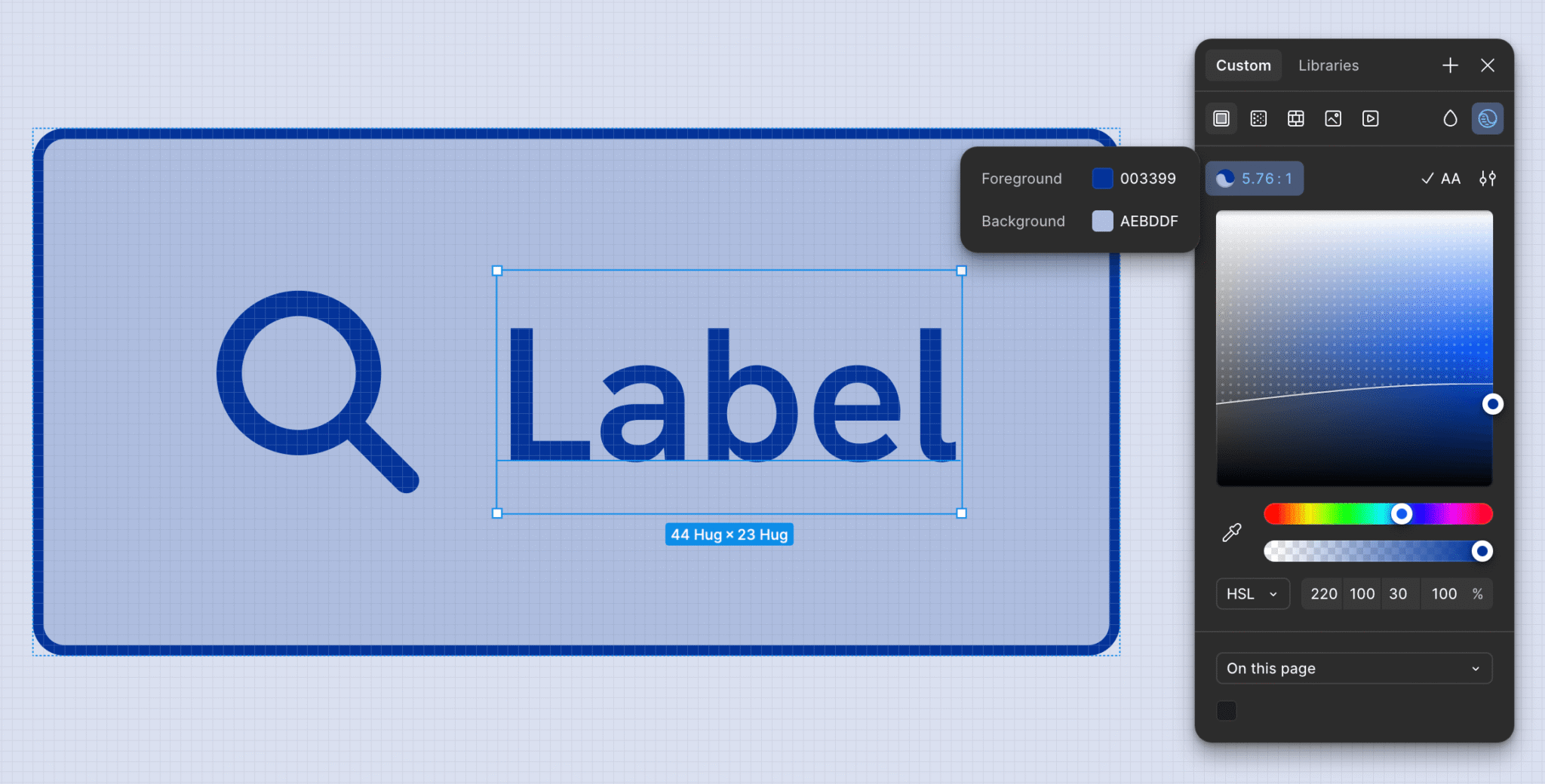 Bild på en knapp skapad i designverktyget Figma, där kontrasten mellan förgrunds- och bakgrundsfärg visas.
