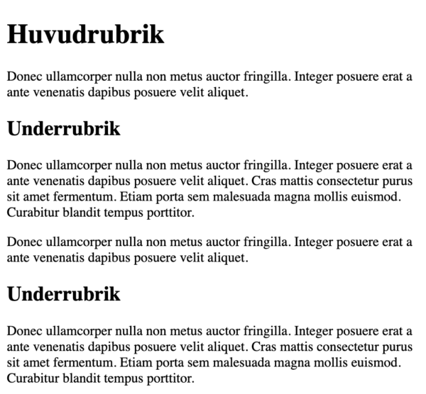 Skärmdump på våra rubriker och textstycken i webbläsaren.