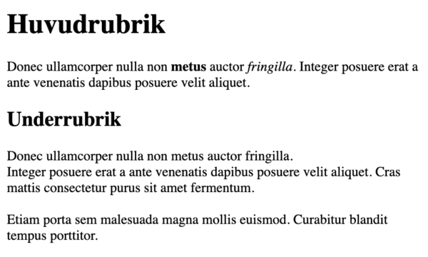 Skärmdump på vår hemsida där vi lagt till formatering av vissa ord i fet och kursiv stil. Vi har även lagt till radbrytningar.